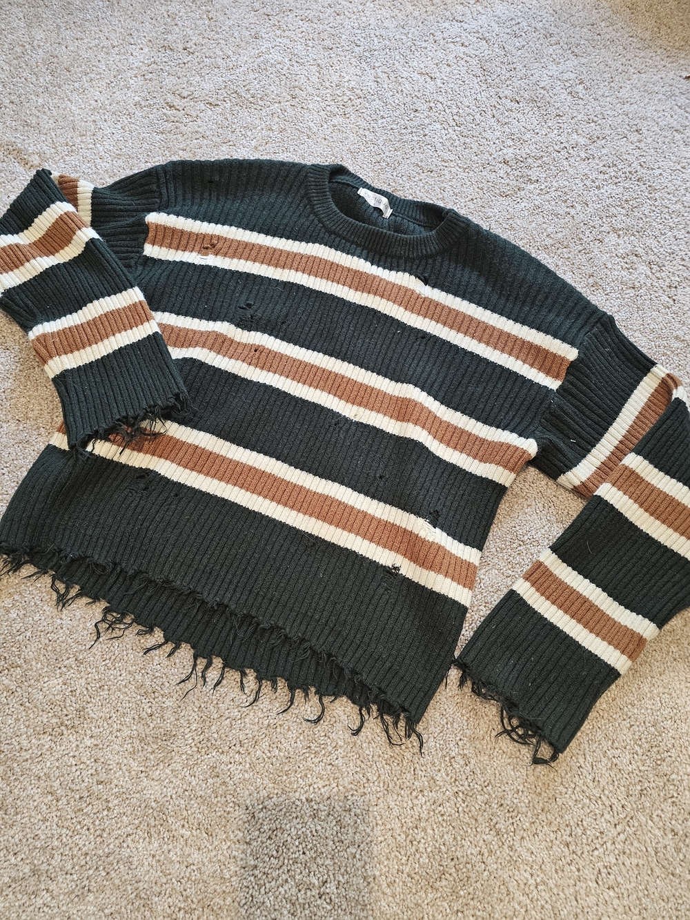 vestique Dark Green, Brown & Cream Striped Distressed Sweater